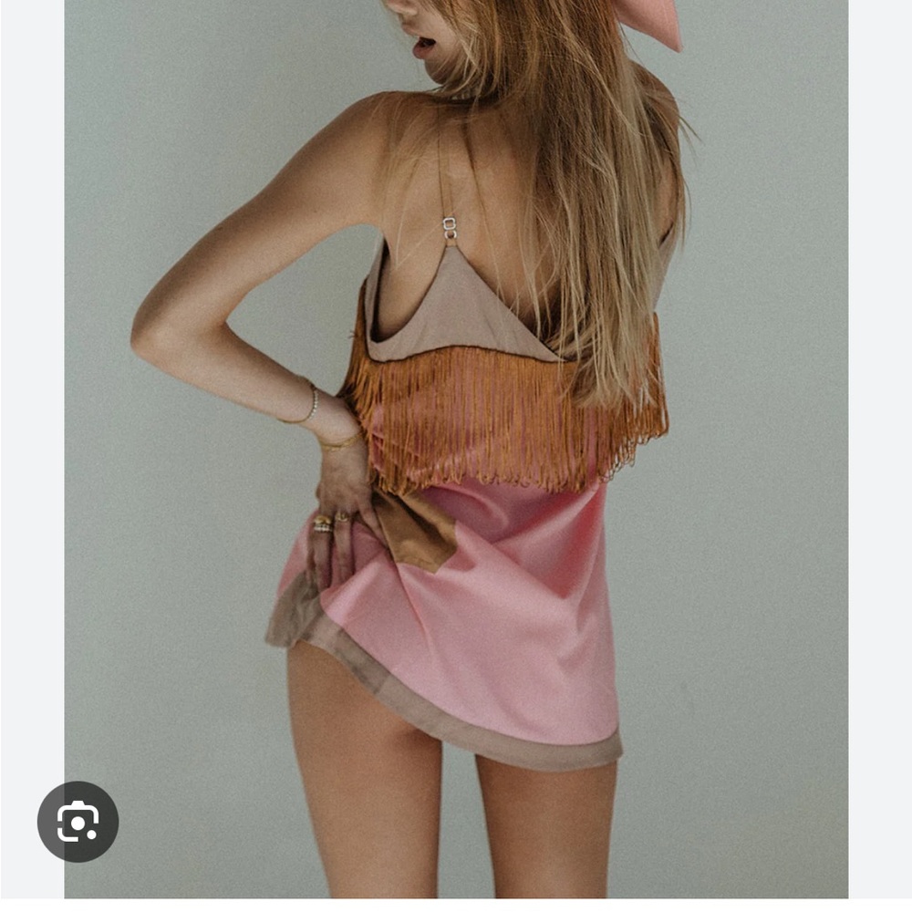 Tan and Pink Mini Dress with Soft Flowing Fabric - Picture 2 of 12